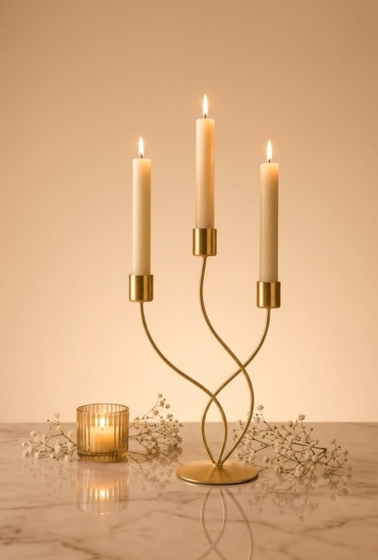 3-Arm Curved Gold Metal Candelabra AH-189 Moradabad